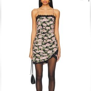 For Love and Lemons Floral Lace-Trim Slip Dress in Black and Pink